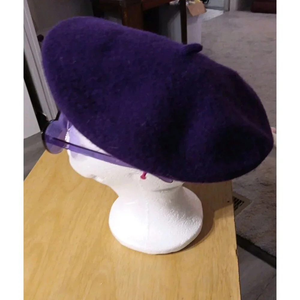 Purple Beret Wool Blend Hat One Size Matching Purple Heart Sunglasses-Decorative